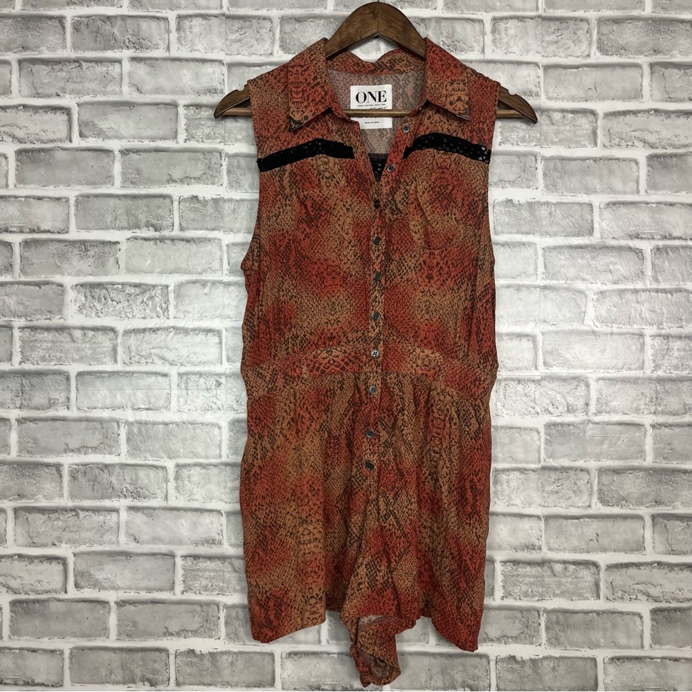 One Teaspoon Reptile Snakeskin Print Short Sleeve Collared Sheer Romper Sz M